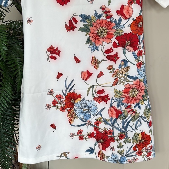 Brand New ABS Collection White Shift Dress Short Sleeved V-Neck Oriental Floral - Picture 10 of 15